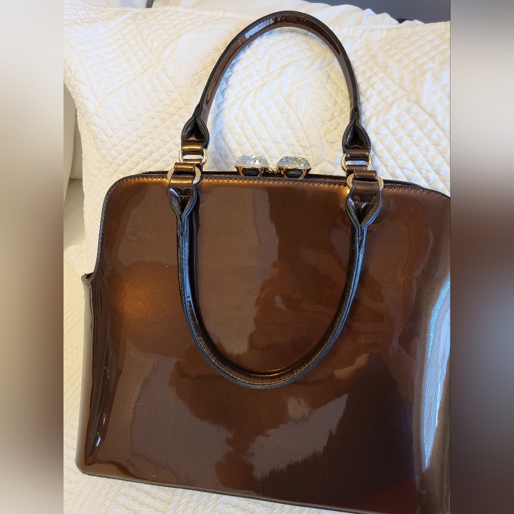 Coffee brown patent leather large satchel